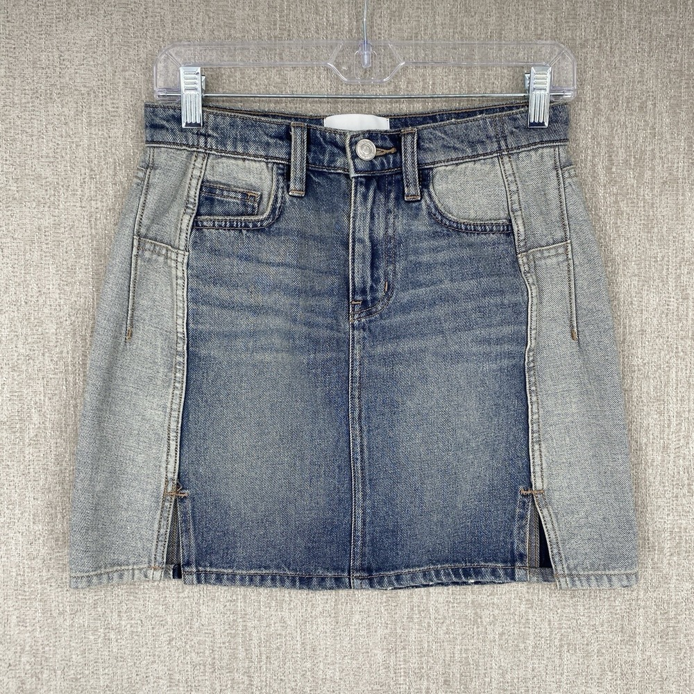 Current/Elliott The Multi Panel‎ Denim Mini Skirt 26 Blue Two Tone Slit Pockets
